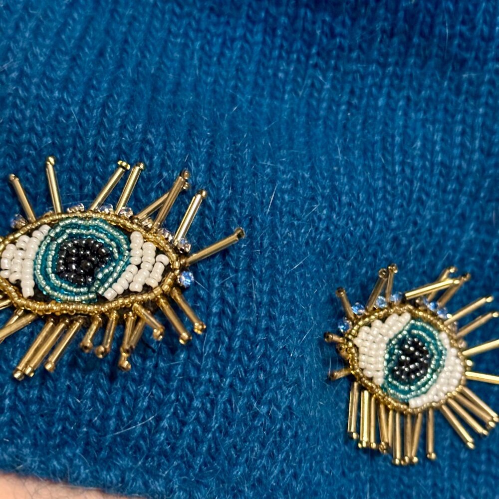 Unique OOAK Handmade Blue Wool Beaded Evil Eye Beanie Hat - Picture 8 of 9